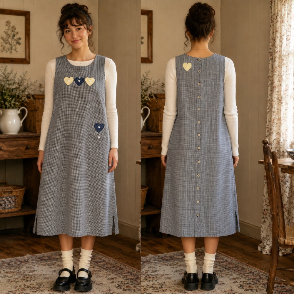 Vintage Christopher & Banks Gingham Heart Appliqué Midi Jumper Dress M Cotton 90